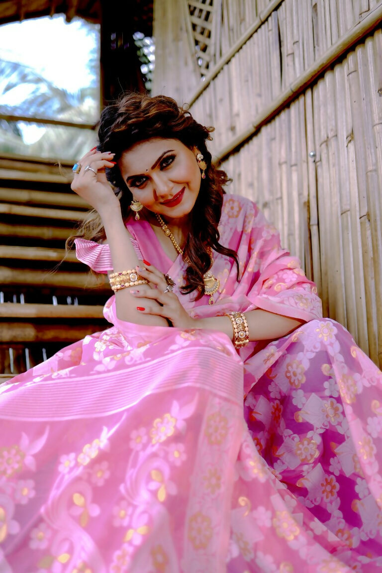 Partywear Designer Pink Jamdani contton Fancy Saree - Starwalk - Distacart