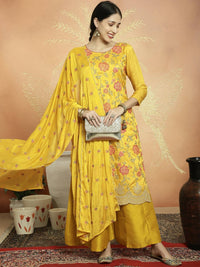 Thumbnail for Aastha Fashion Women's Yellow Upada Silk Floral Resham Thread Kurta with Trouser & Dupatta - Distacart