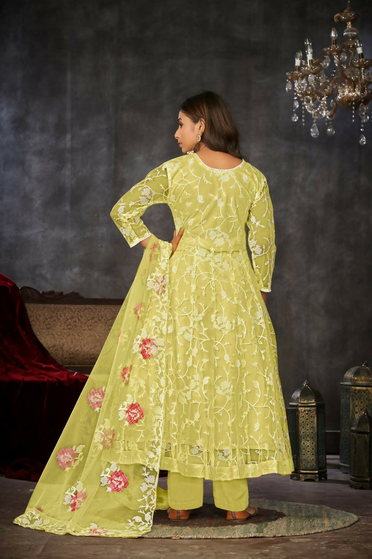Jyoti Fashion Women's Yellow Net Embroidered Anarkali Kurta Pant Set With Dupatta