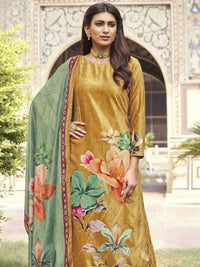 Thumbnail for Aastha Fashion Women's Mustard Velvet Floral Digital Printed Kurta with Trouser & Dupatta - Distacart