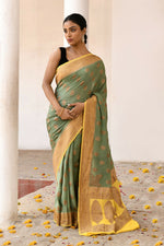 Thumbnail for Joban Fashion Grass Green Crepe Chiffon Pure Handloom Banarasi Silk Saree