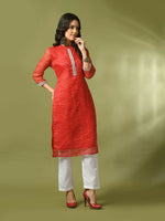 Thumbnail for Myshka Women's Red Printed Cotton Blend Straight Party Kurta Set - Distacart