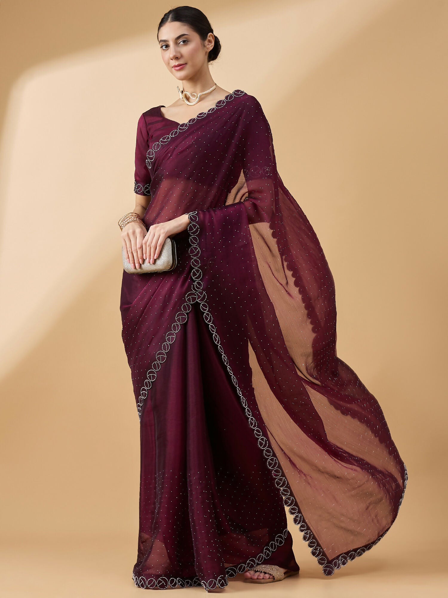 Purple Organza Swaroski Diamond Work Saree with Unstitched Blouse - Radha - Distacart