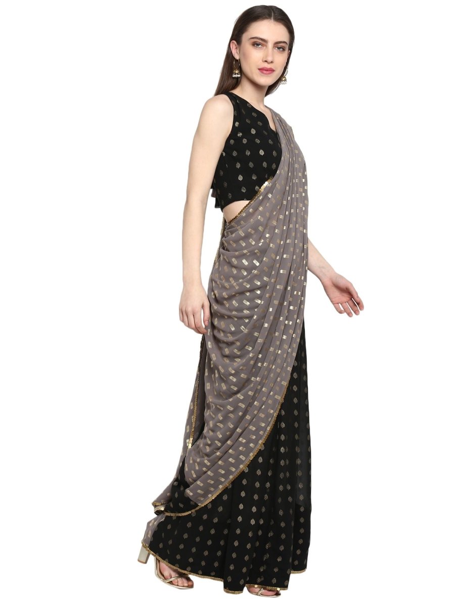 Ahalyaa Women's Black Georgette Foil Print Ready to Wear Saree