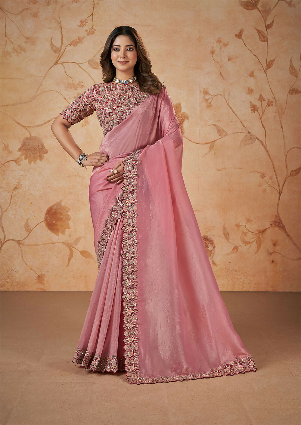 Pink Banarasi Crush Silk Thread, Sequence, Cord and jari Embroidered with Stone Work Saree - Mohmanthan Dakshika - Distacart