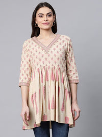 Thumbnail for Ahalyaa Women Beige Pure Cotton Printed Tunic - Distacart