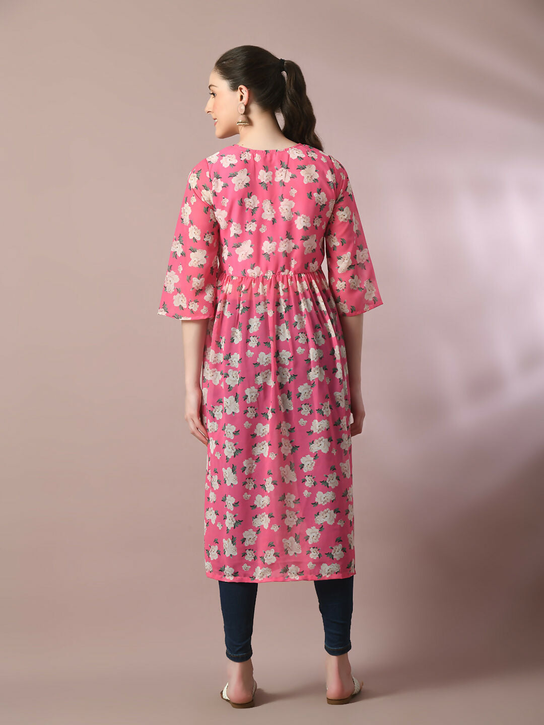 Myshka Women's Pink Printed Georgette A-Line Nyra-cut Kurta - Distacart