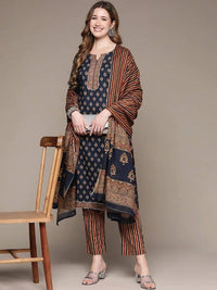 Thumbnail for Anubhutee Navy Blue Printed Gotta Patti Pure Cotton Kurta with Trousers & Dupatta - Distacart