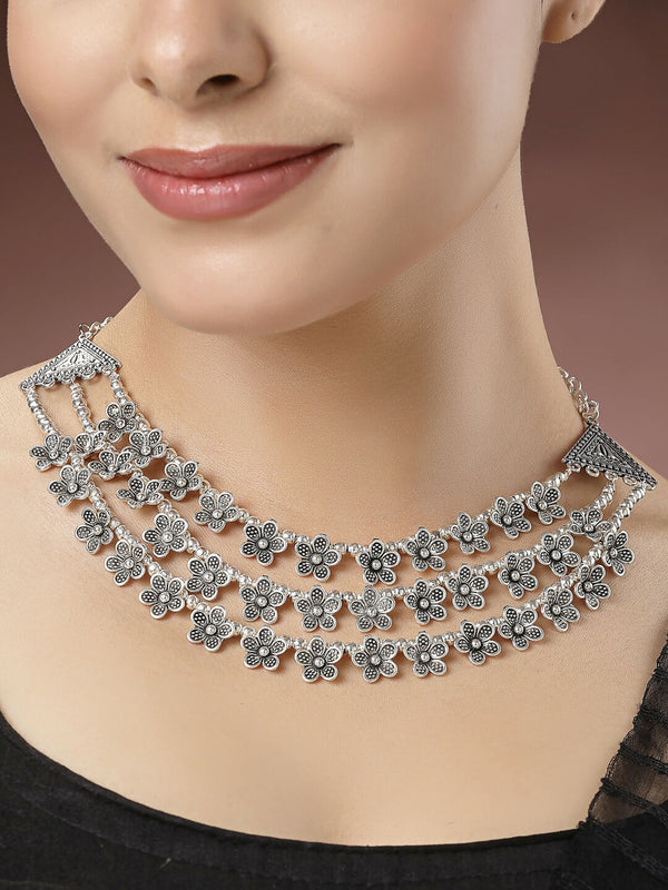 NVR Women's 3 Layered Floral Shape Artificial Beads German Silver Oxidised Necklace - Distacart