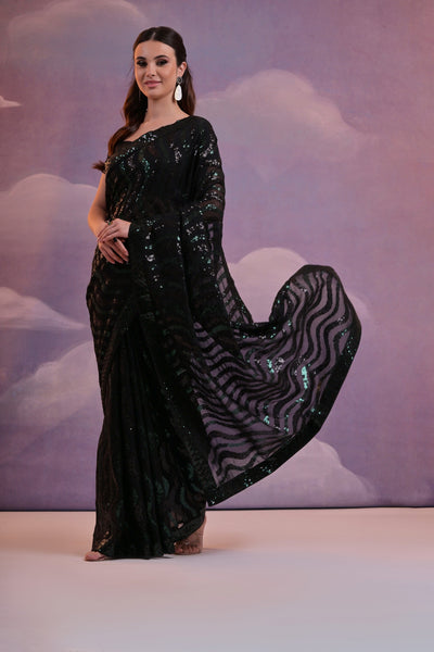 NOZ2TOZ Women Party Wear Sequence Worked Georgette Saree with Unstitched Blouse - Black & Green