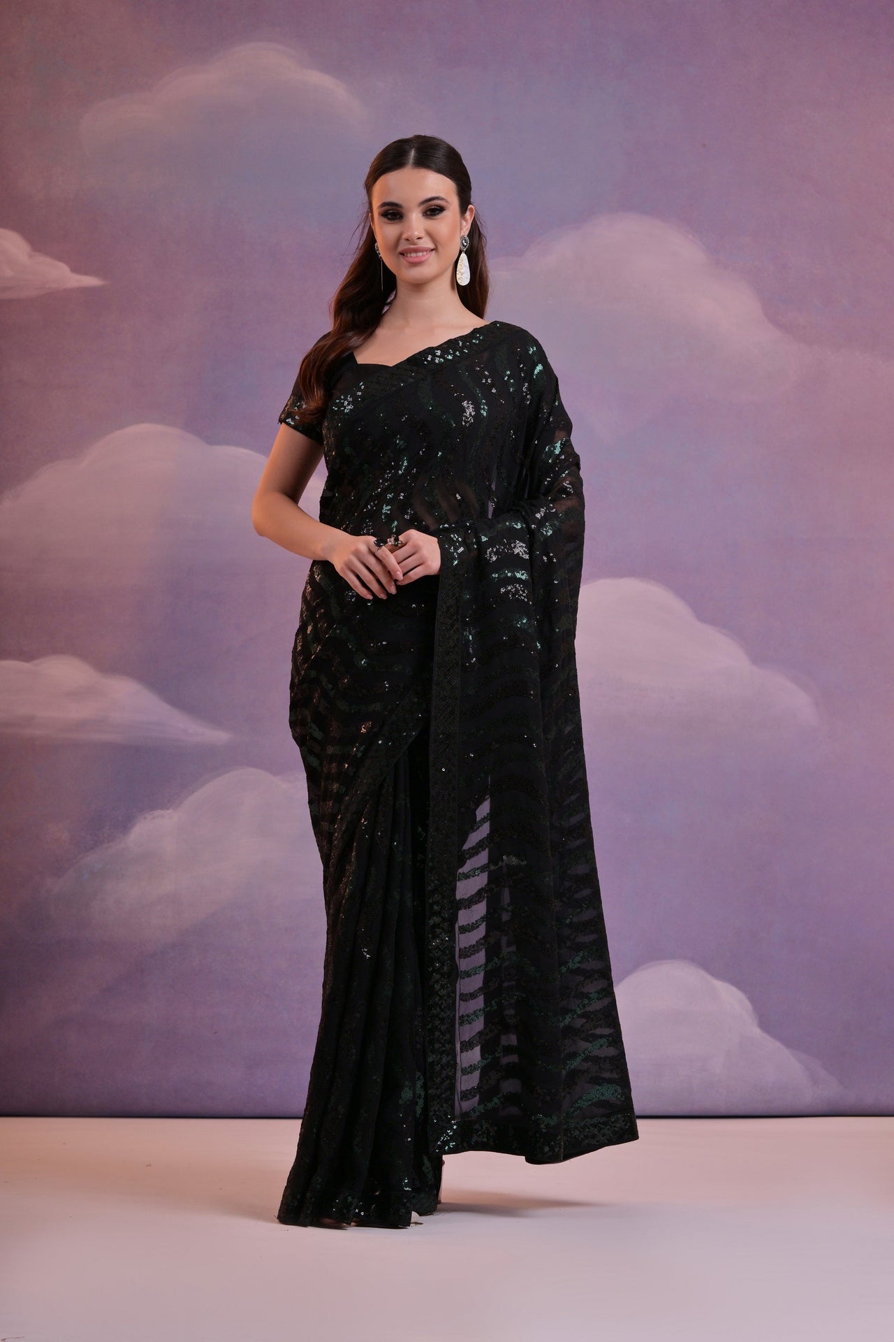 NOZ2TOZ Women Party Wear Sequence Worked Georgette Saree with Unstitched Blouse - Black & Green