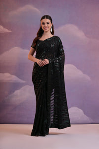 Thumbnail for NOZ2TOZ Women Party Wear Sequence Worked Georgette Saree with Unstitched Blouse - Black & Green