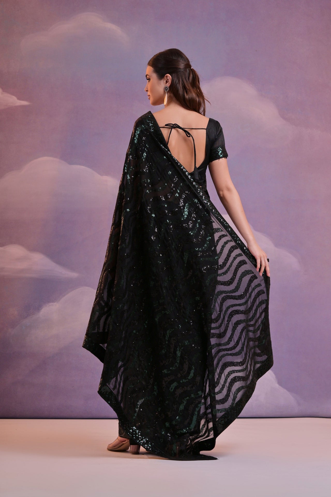 NOZ2TOZ Women Party Wear Sequence Worked Georgette Saree with Unstitched Blouse - Black & Green