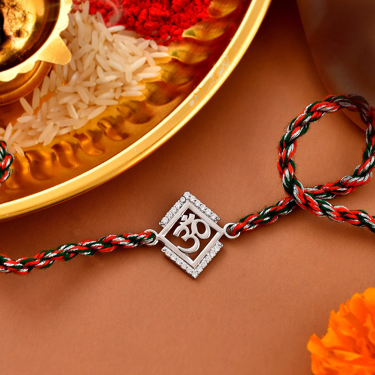 trueBrowns 925 Sterling Silver Precious Om Thread Rakhi