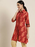 Thumbnail for Juniper Red Ethnic Motif Printed Rayon A-Line Kurta with Buttons - Distacart