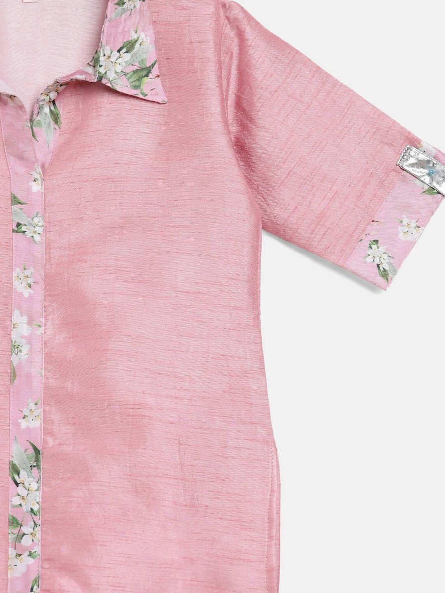 Ahalyaa Pink Poly Silk Solid Kids Kurta with Printed Pant Set For Girls - Distacart