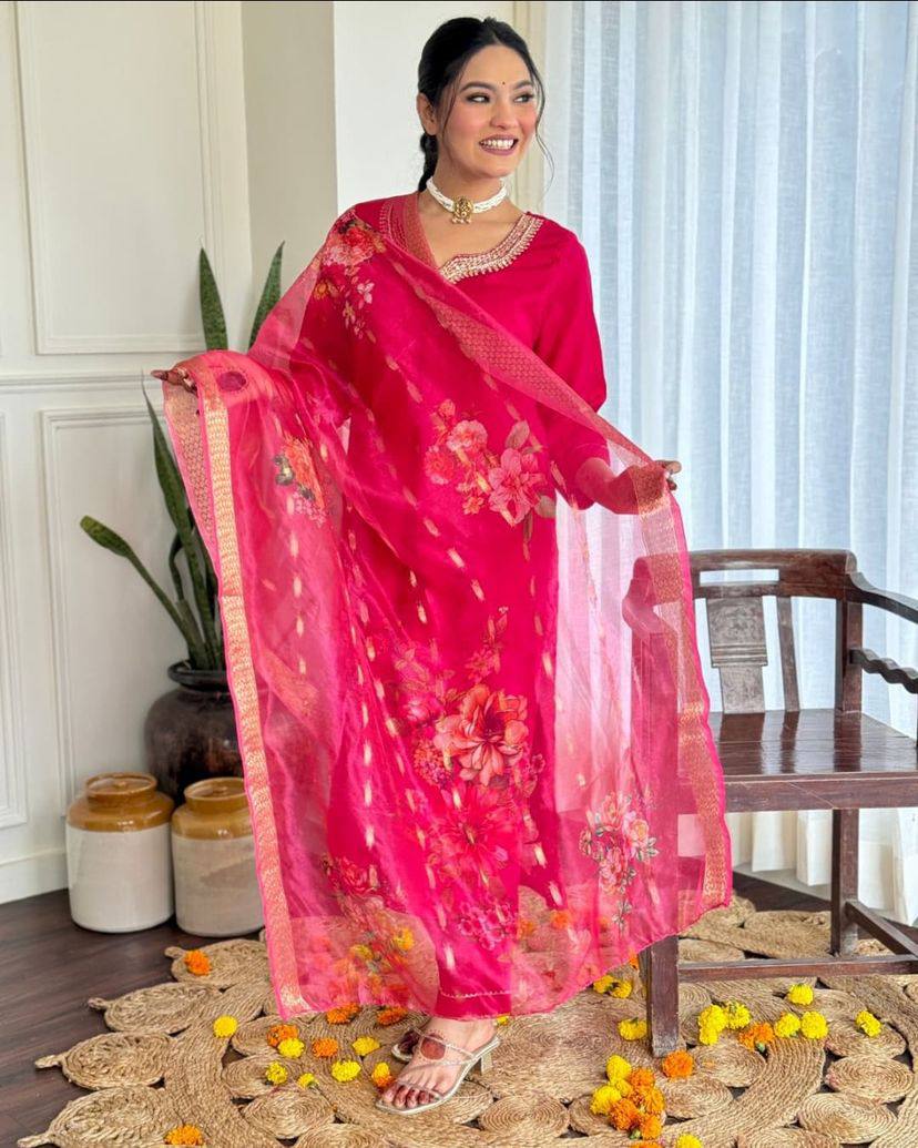 Lyush Women Party Wear Embroidery Worked Kurta With Pant And Dupatta Set - Pink