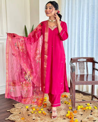 Thumbnail for Lyush Women Party Wear Embroidery Worked Kurta With Pant And Dupatta Set - Pink