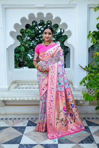 Thumbnail for Aastha Fashion Aqua Blue Woven Paithani Silk Saree with Blouse - Distacart