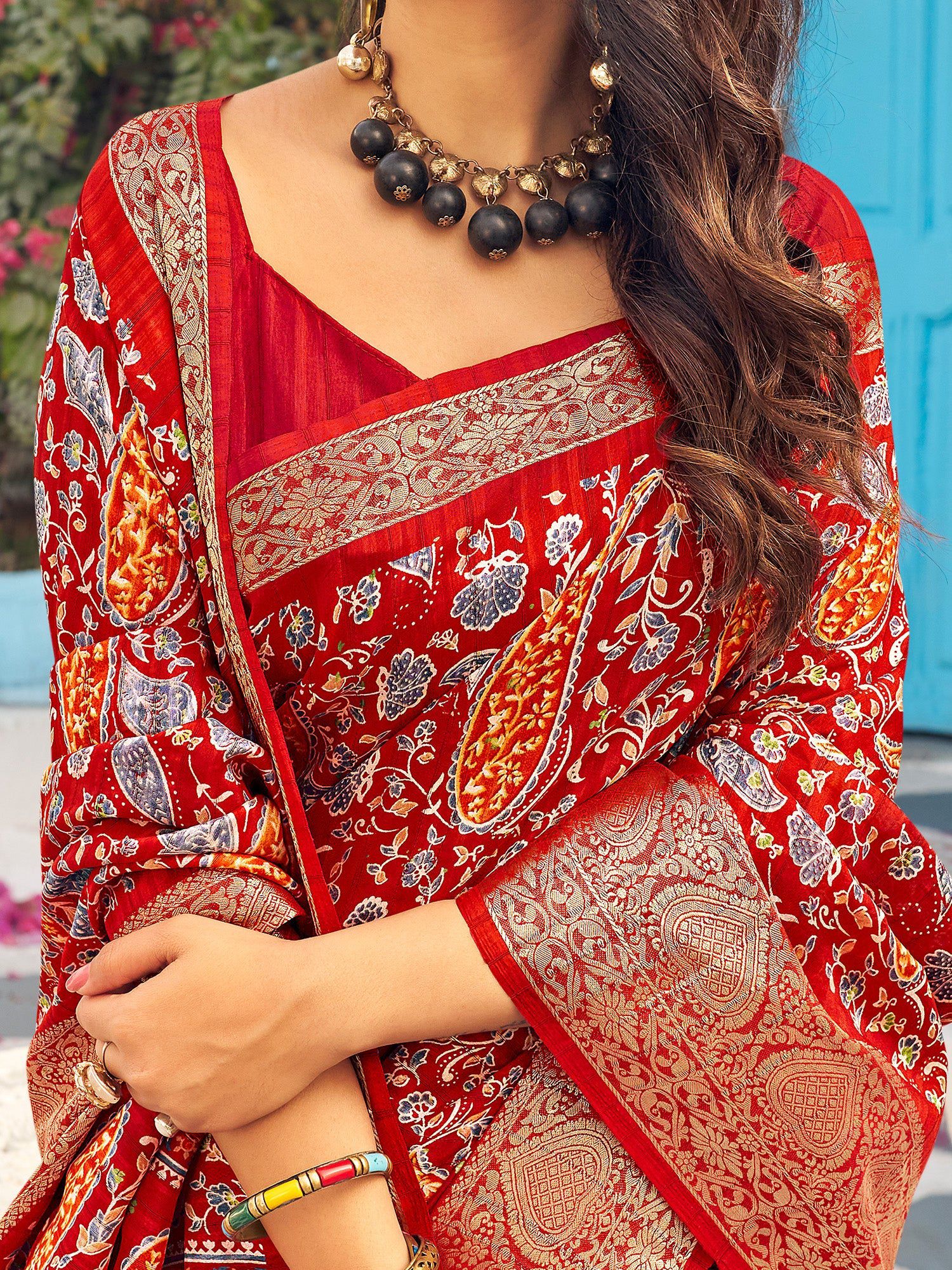 NOZ2TOZ Women's Muga Silk Red Printed Designer Saree With Blouse Piece - Distacart