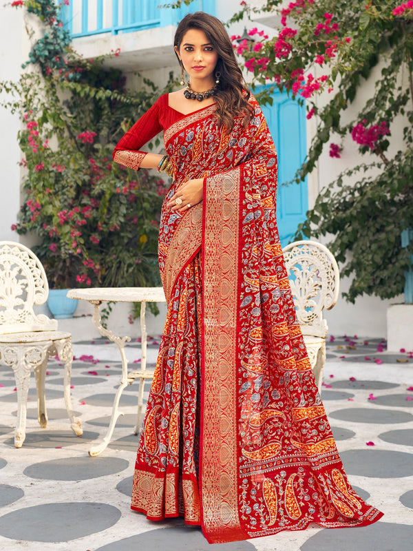 NOZ2TOZ Women's Muga Silk Red Printed Designer Saree With Blouse Piece - Distacart
