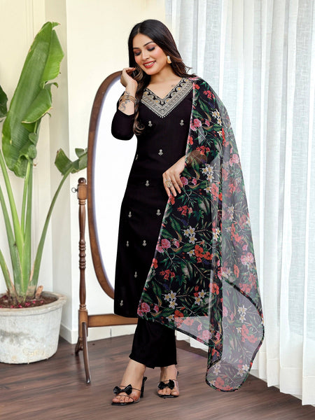 Lyush Women Party Wear Embroidery Worked Kurta With Pant And Dupatta Set - Black