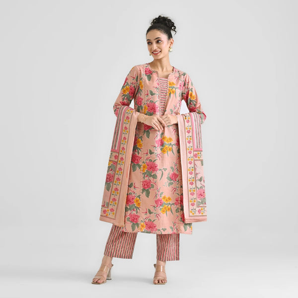 Lorenvalley Peach Cotton Slub Printed with Lace Work Kurta Set - Distacart