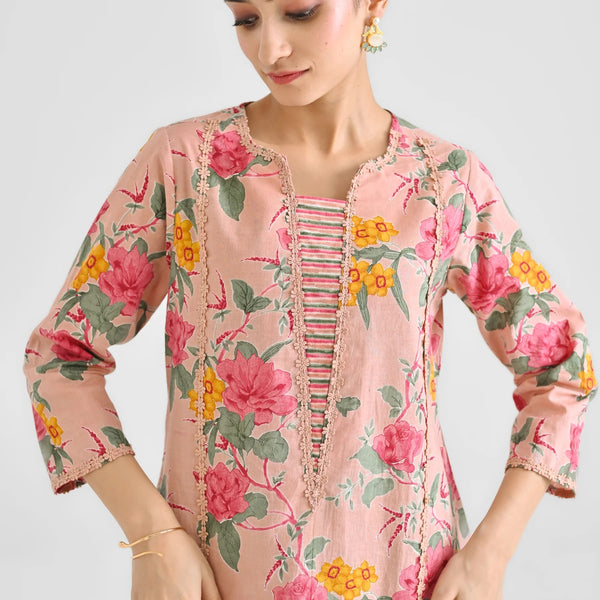 Lorenvalley Peach Cotton Slub Printed with Lace Work Kurta Set - Distacart