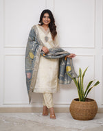 Thumbnail for Lorenvalley Offwhite Viscose Chanderi Embroidered Multi Sequence work Kurta Set