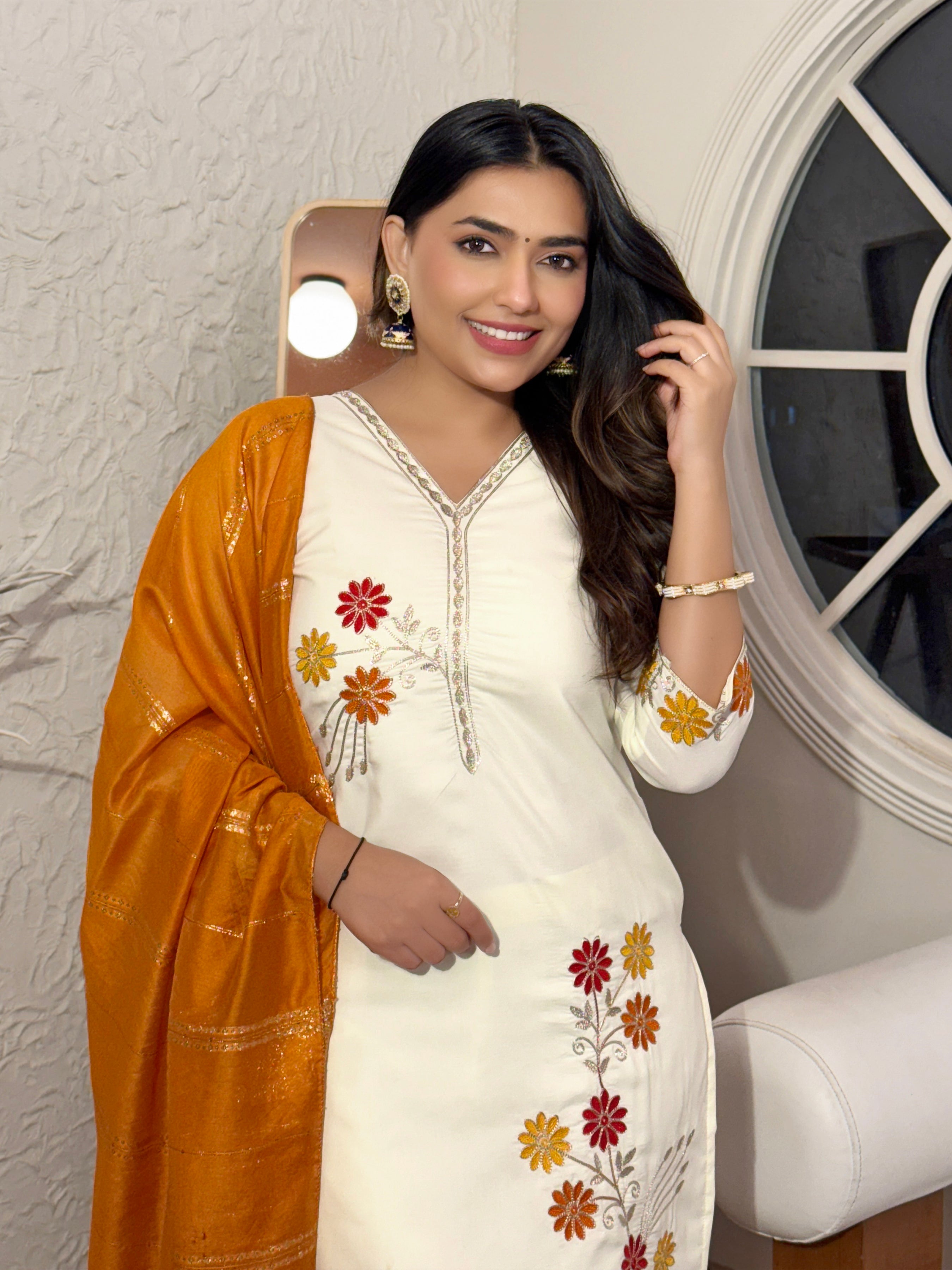 Lorenvalley Cream Cotton Silk Embroidered work Kurta Set