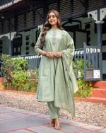 Thumbnail for Lorenvalley Seagreen Muslin Silk Embroidered work Kurta Set