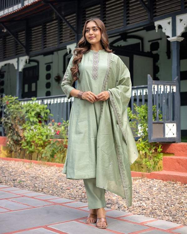 Lorenvalley Seagreen Muslin Silk Embroidered work Kurta Set