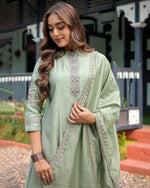 Thumbnail for Lorenvalley Seagreen Muslin Silk Embroidered work Kurta Set