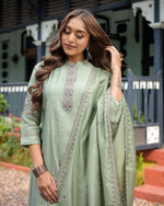 Thumbnail for Lorenvalley Seagreen Muslin Silk Embroidered work Kurta Set
