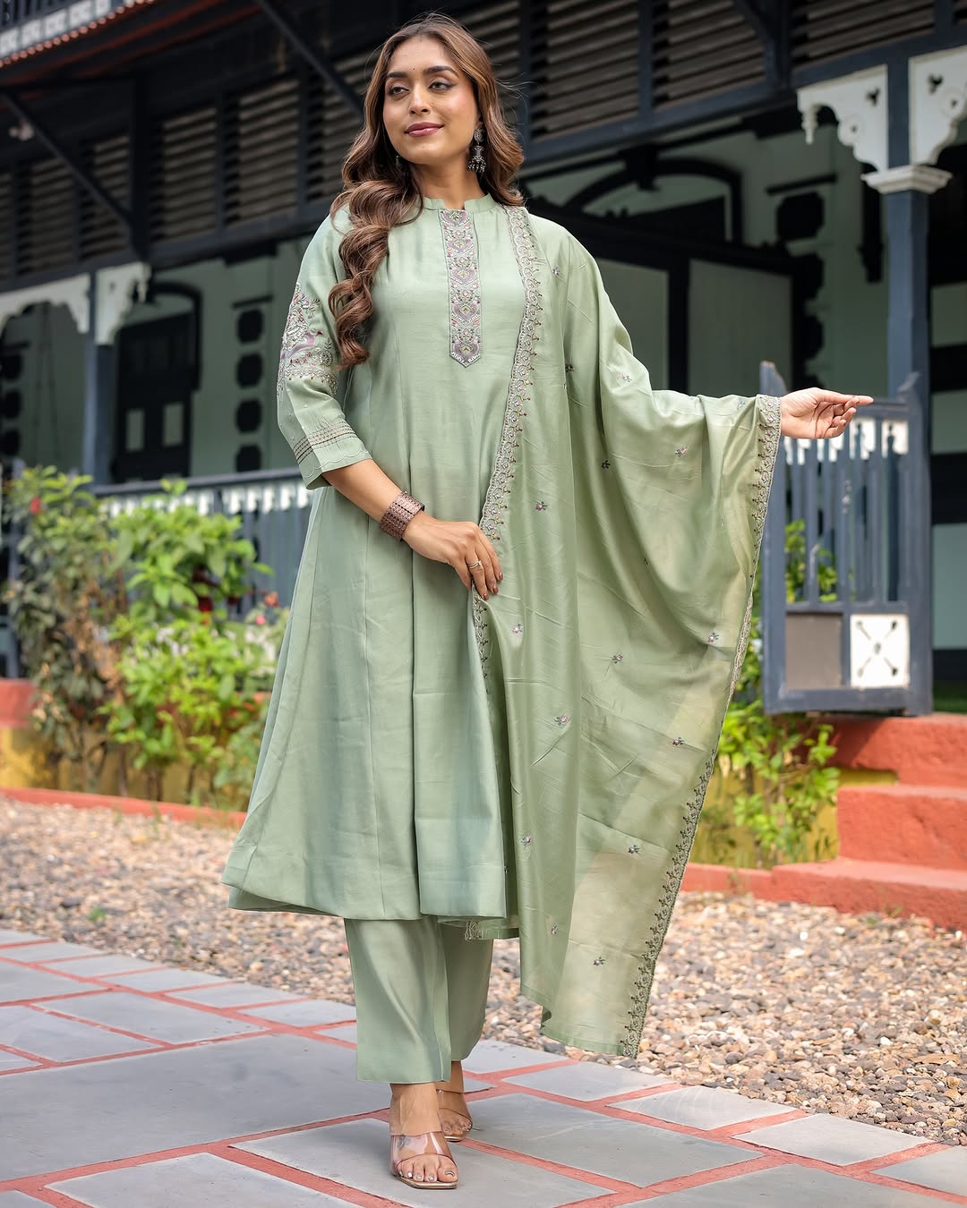 Lorenvalley Seagreen Muslin Silk Embroidered work Kurta Set