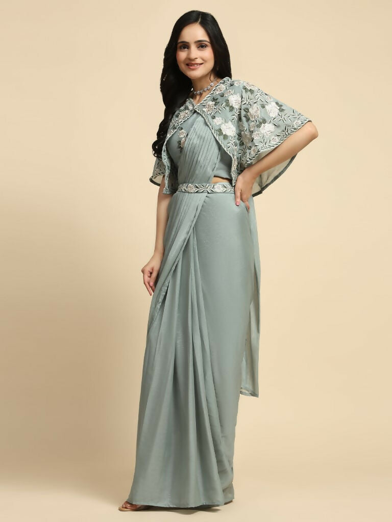 Sea Green Chiffon Solid Ready to wear Saree with stitched Blouse - Aayan - Distacart