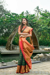 Thumbnail for Aastha Fashion Bottle Green Woven Kanchipuram Silk Saree with Blouse - Distacart