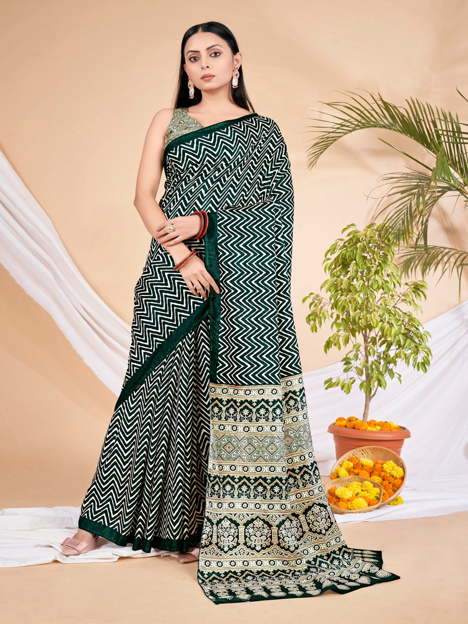 NOZ2TOZ Women's Dola Silk Dark Green Printed Designer Saree With Blouse Piece - Distacart