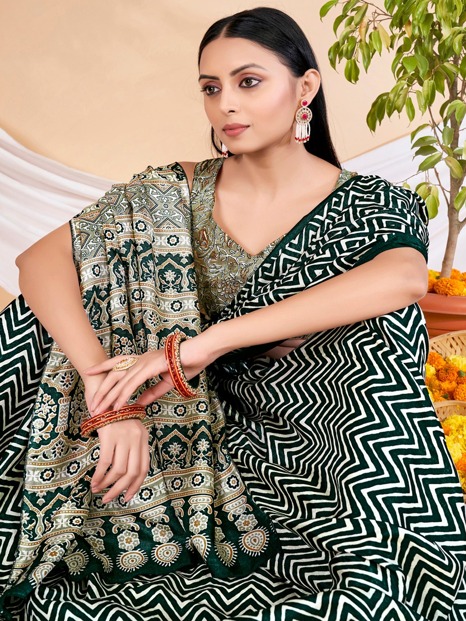 NOZ2TOZ Women's Dola Silk Dark Green Printed Designer Saree With Blouse Piece - Distacart
