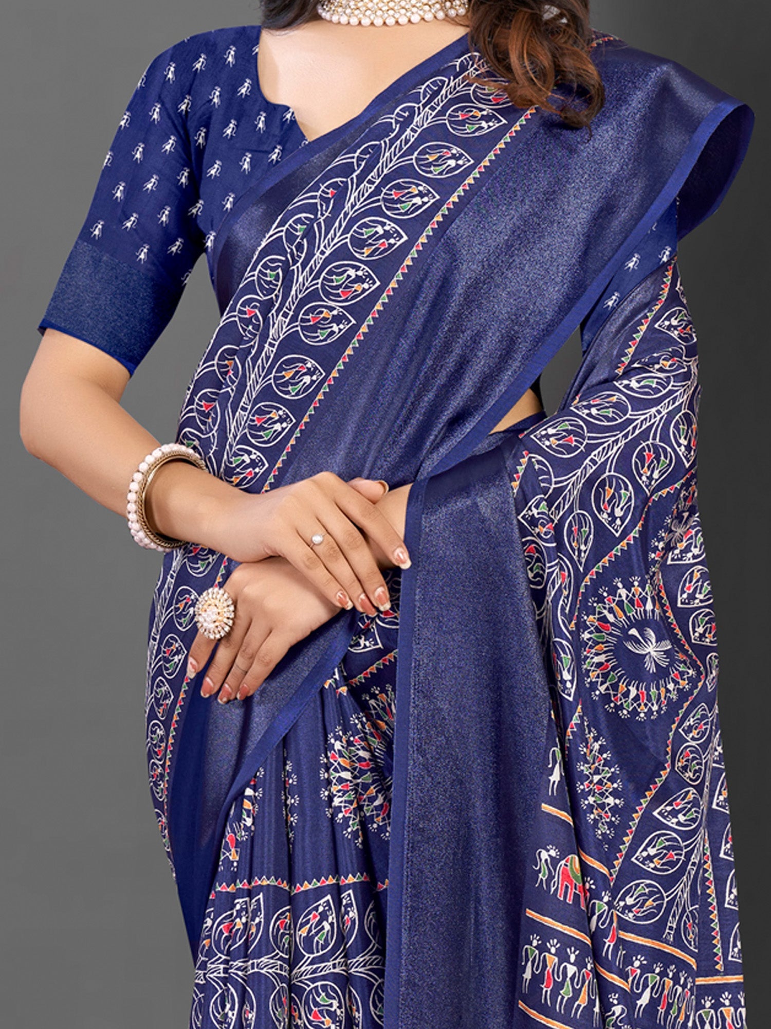 NOZ2TOZ Women's Dola Silk Navy Blue Printed Designer Saree With Blouse Piece - Distacart