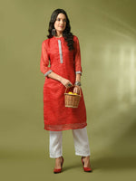 Thumbnail for Myshka Women's Red Printed Cotton Blend Straight Party Kurta Set - Distacart