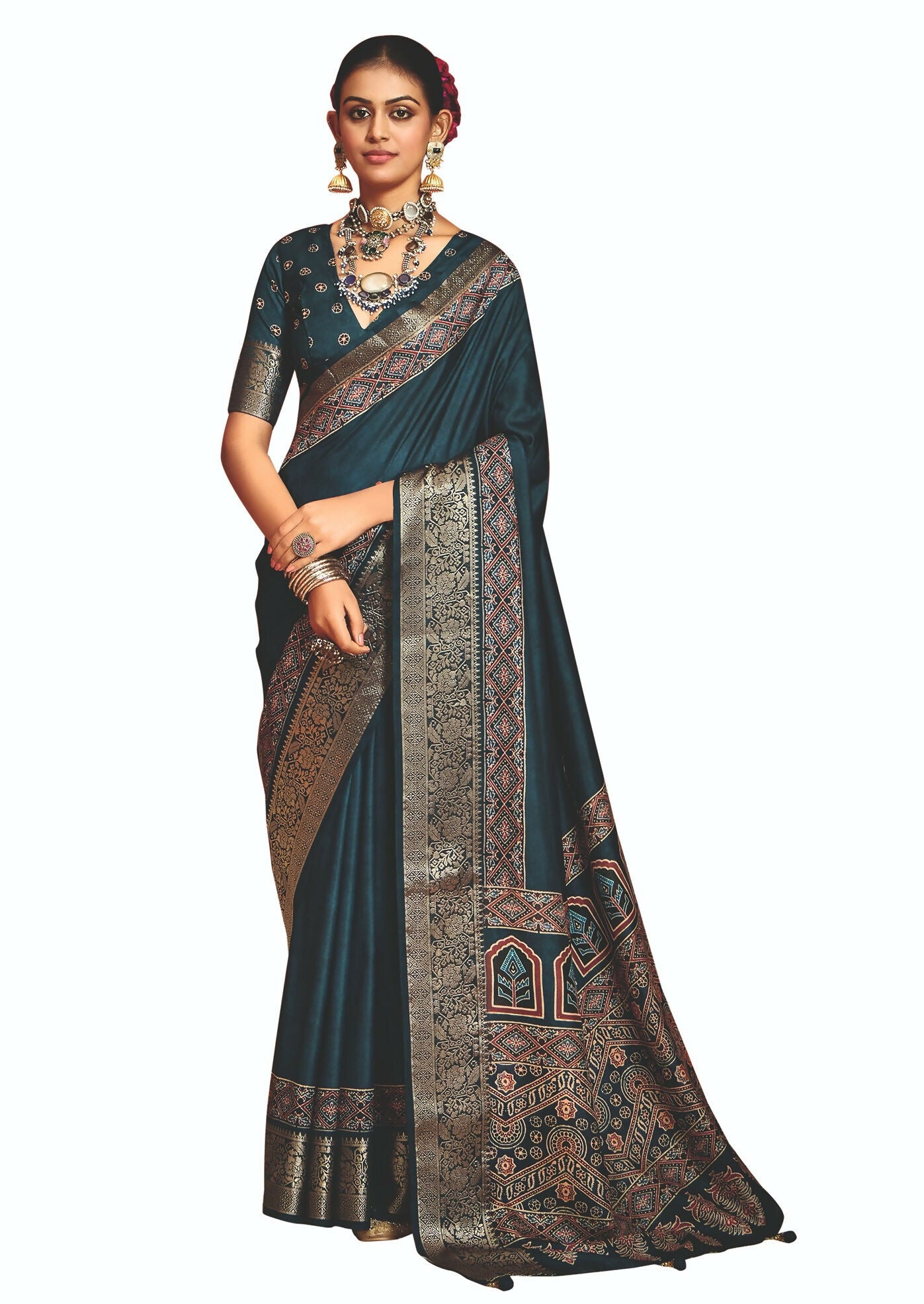 Joban Fashion Teal Blue Art Silk With Fine Viscose Border Ajrak Full Body Print With Soft Finish Saree