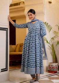 Thumbnail for NOZ2TOZ Women Blue Printed Viscose Rayon Kurta, Pant And Dupatta Set