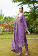 Thumbnail for Teeya Creation Purple Color Chinon Silk Heavy Embroidery Work Fully Stitched Salwar Suit - Distacart