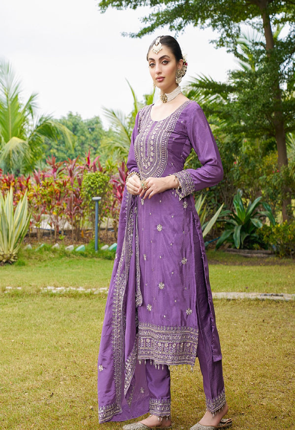Teeya Creation Purple Color Chinon Silk Heavy Embroidery Work Fully Stitched Salwar Suit - Distacart