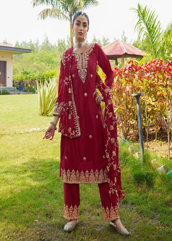 Teeya Creation Rani Color Chinon Silk Heavy Embroidery Work Fully Stitched Salwar Suit - Distacart