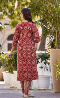Thumbnail for NOZ2TOZ Women Red, Beige Checkered Viscose Rayon Kurta, Pant And Dupatta Set