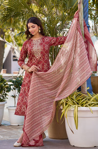 Thumbnail for NOZ2TOZ Women Red, Beige Checkered Viscose Rayon Kurta, Pant And Dupatta Set