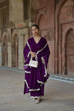 Thumbnail for trueBrowns Wine Velvet Lace Kurta Pant Set - Distacart