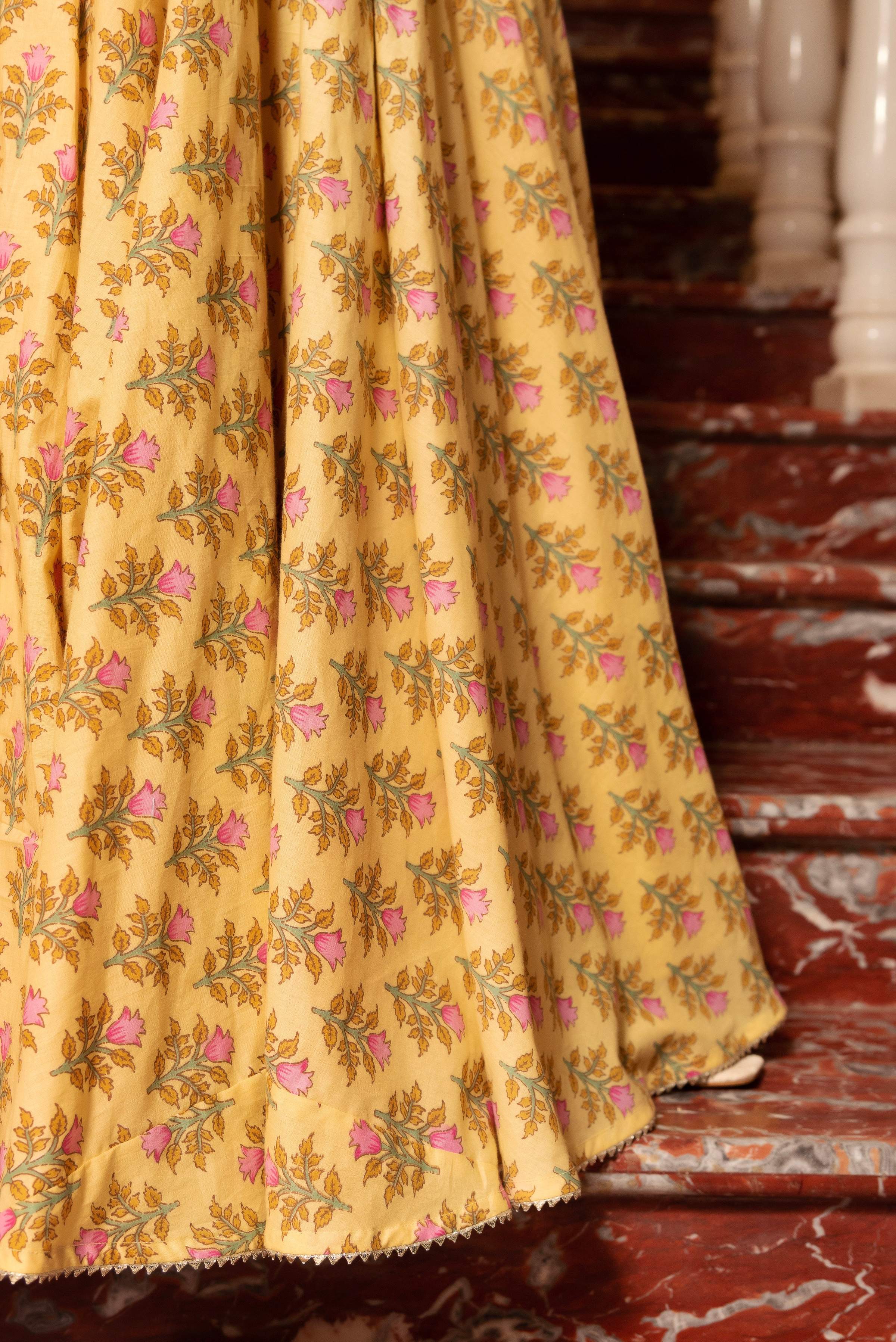 Pomcha Jaipur Kapas Lemon Yellow Floral Lehenga Set - Distacart